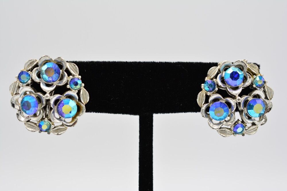 Star Vintage Screw Back Earring Blue AB Rhinestone Crystal Enamel Signed BinAB